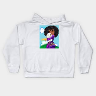 Girl with Afro hair cuddles puppy dog ii, Cavapoo puppy dog, cute Cavoodle, Cavapoo, Cavalier King Charles Spaniel Kids Hoodie